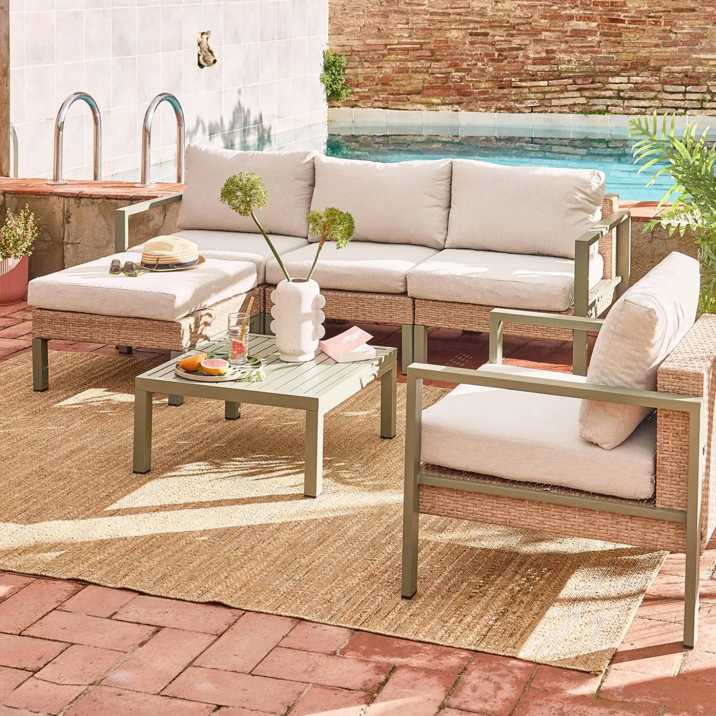 Loungeset, aluminium en wicker, 5-zits