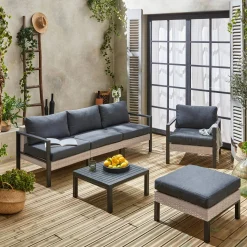 Loungeset, aluminium en wicker, 5-zits