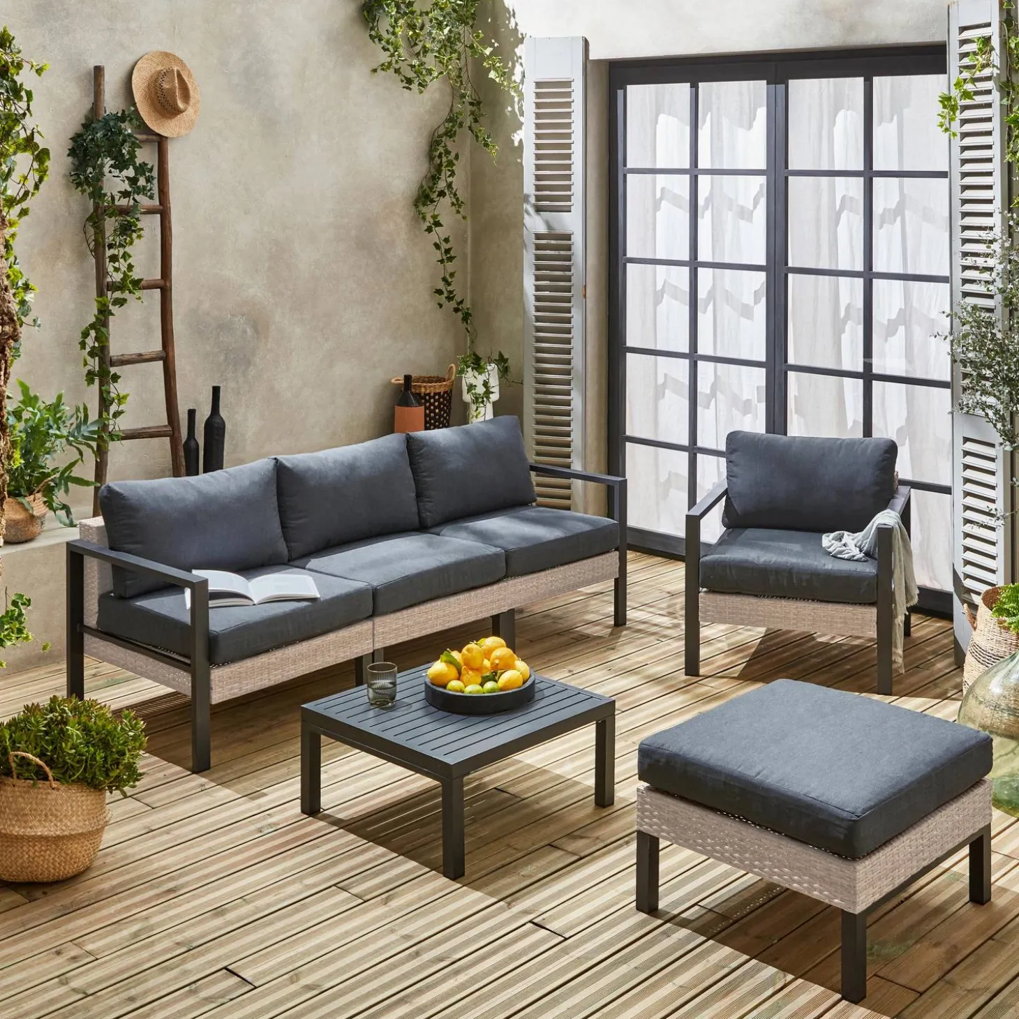 Loungeset, aluminium en wicker, 5-zits