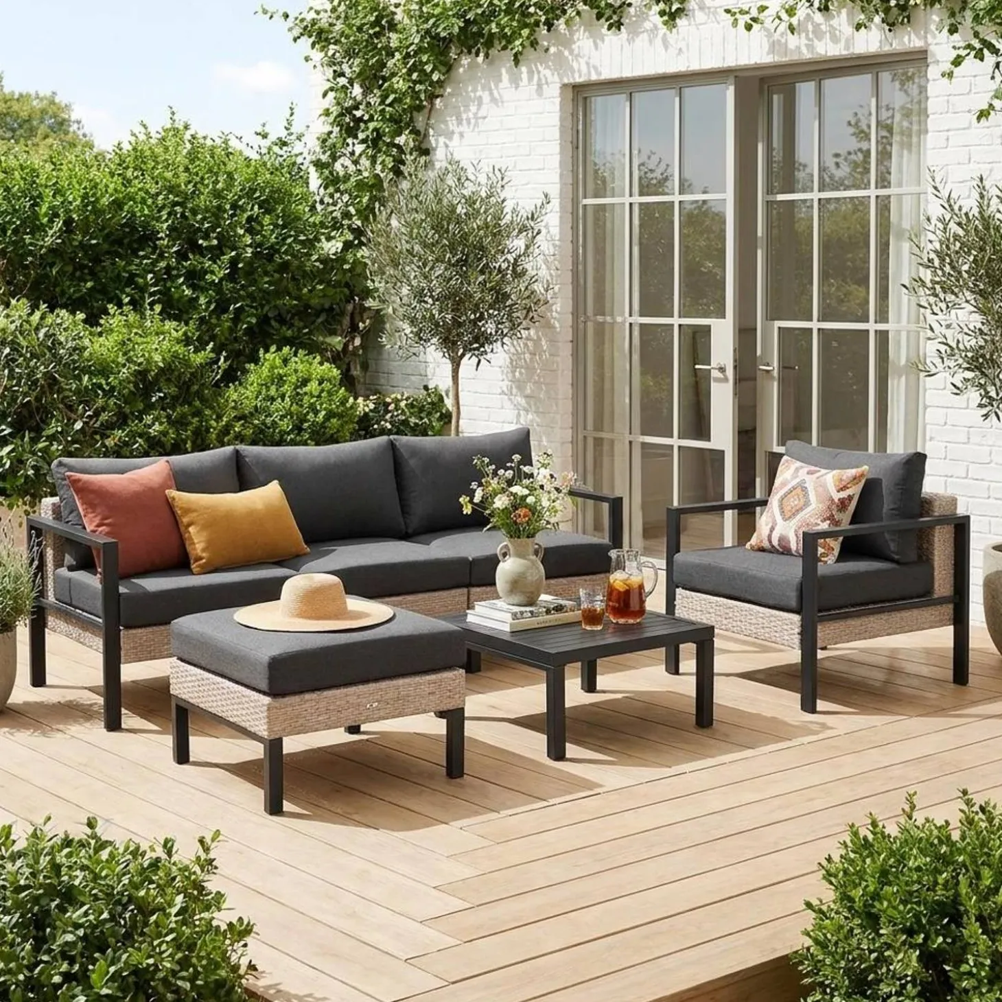 Loungeset, aluminium en wicker, 5-zits