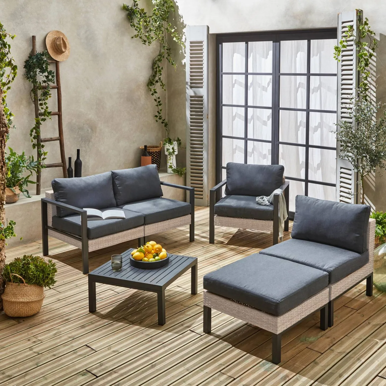 Loungeset, aluminium en wicker, 5-zits