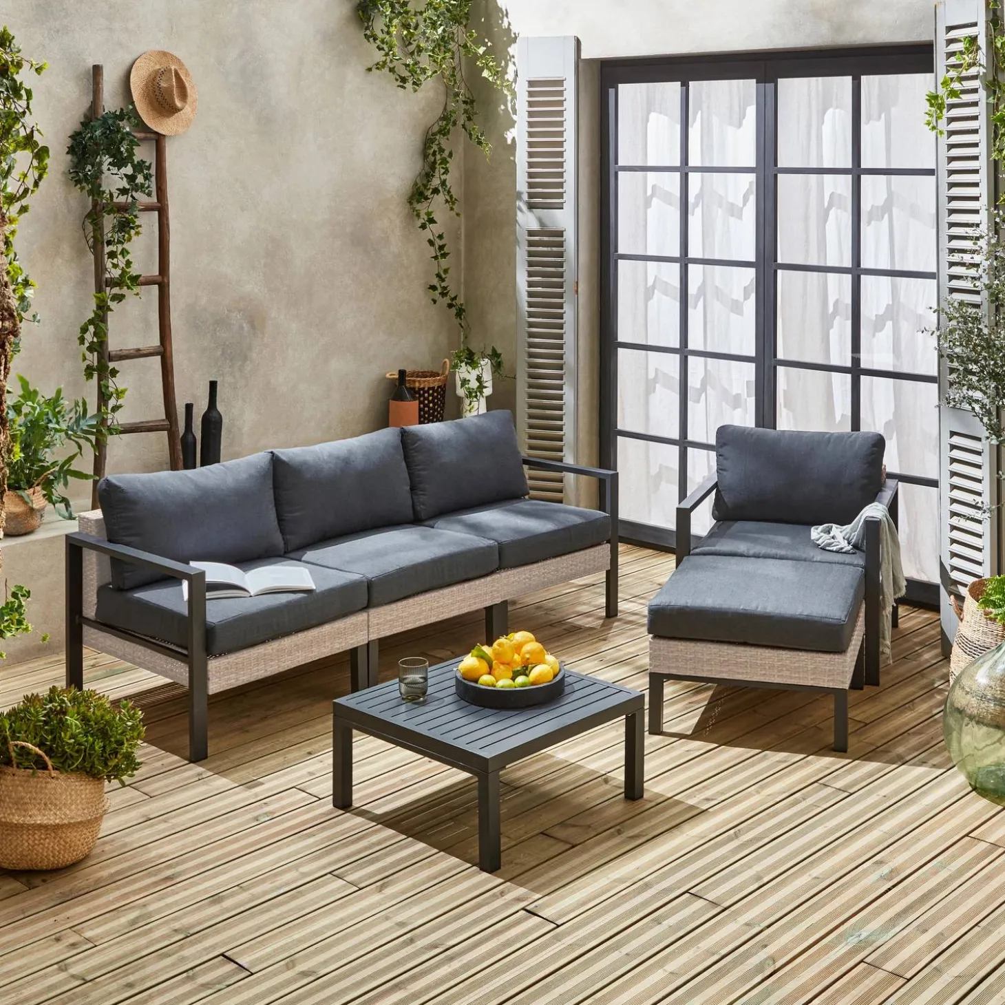 Loungeset, aluminium en wicker, 5-zits