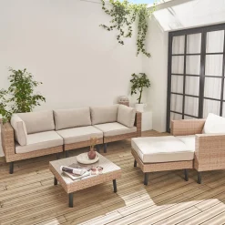 Loungeset plat wicker, 5 plaatsen