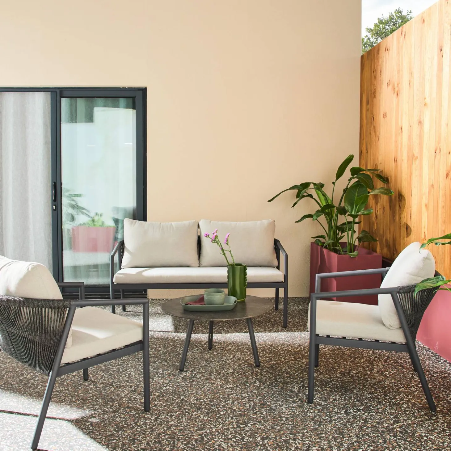 Loungeset voor 4 personen van aluminium en koord