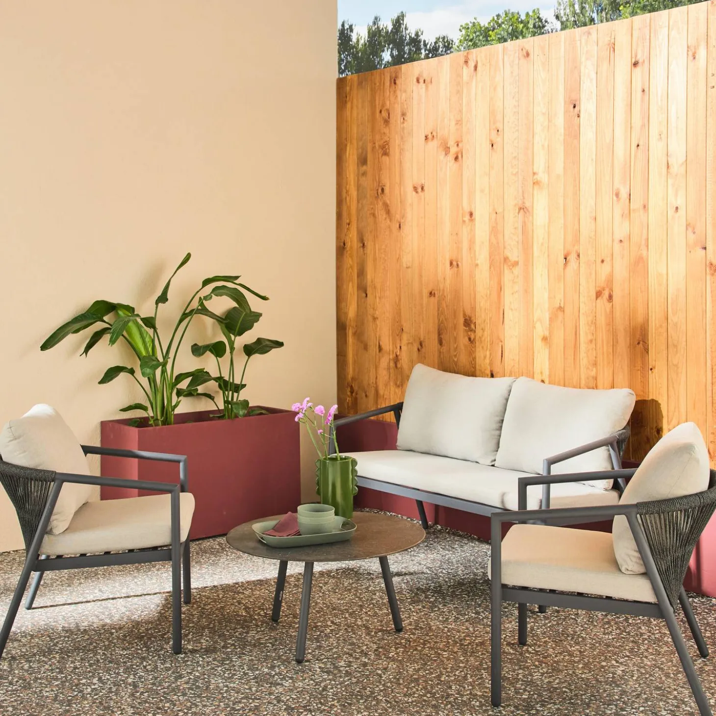 Loungeset voor 4 personen van aluminium en koord