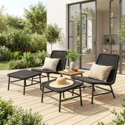 Loungestoel en voetenbankje voor buiten (set van 2)