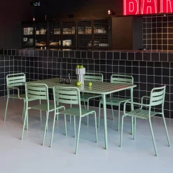 Metalen tuintafel + 6 stoelen, waarvan 2 met armleuning