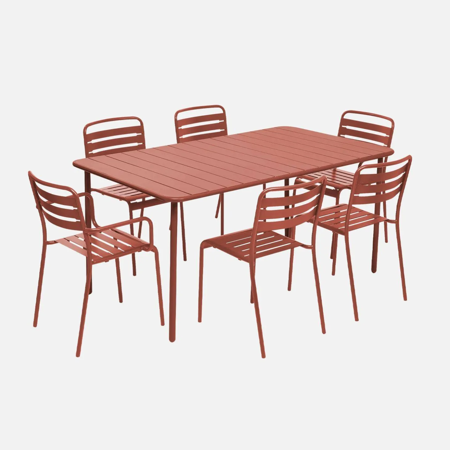 Metalen tuintafel + 6 stoelen, waarvan 2 met armleuning