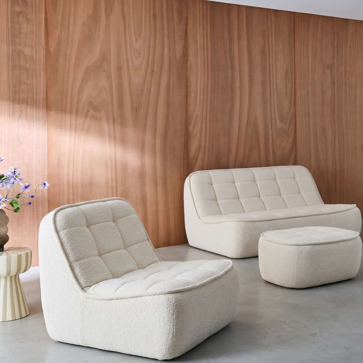 Modulaire bank bouclé stof 3 zitplaatsen + voetenbank