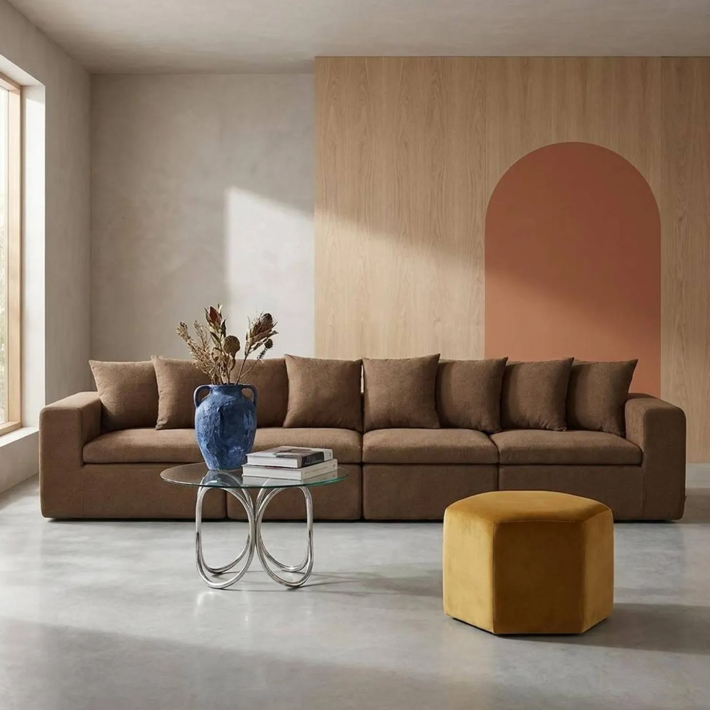 Modulaire bank van chenille stof met 5 zitplaatsen
