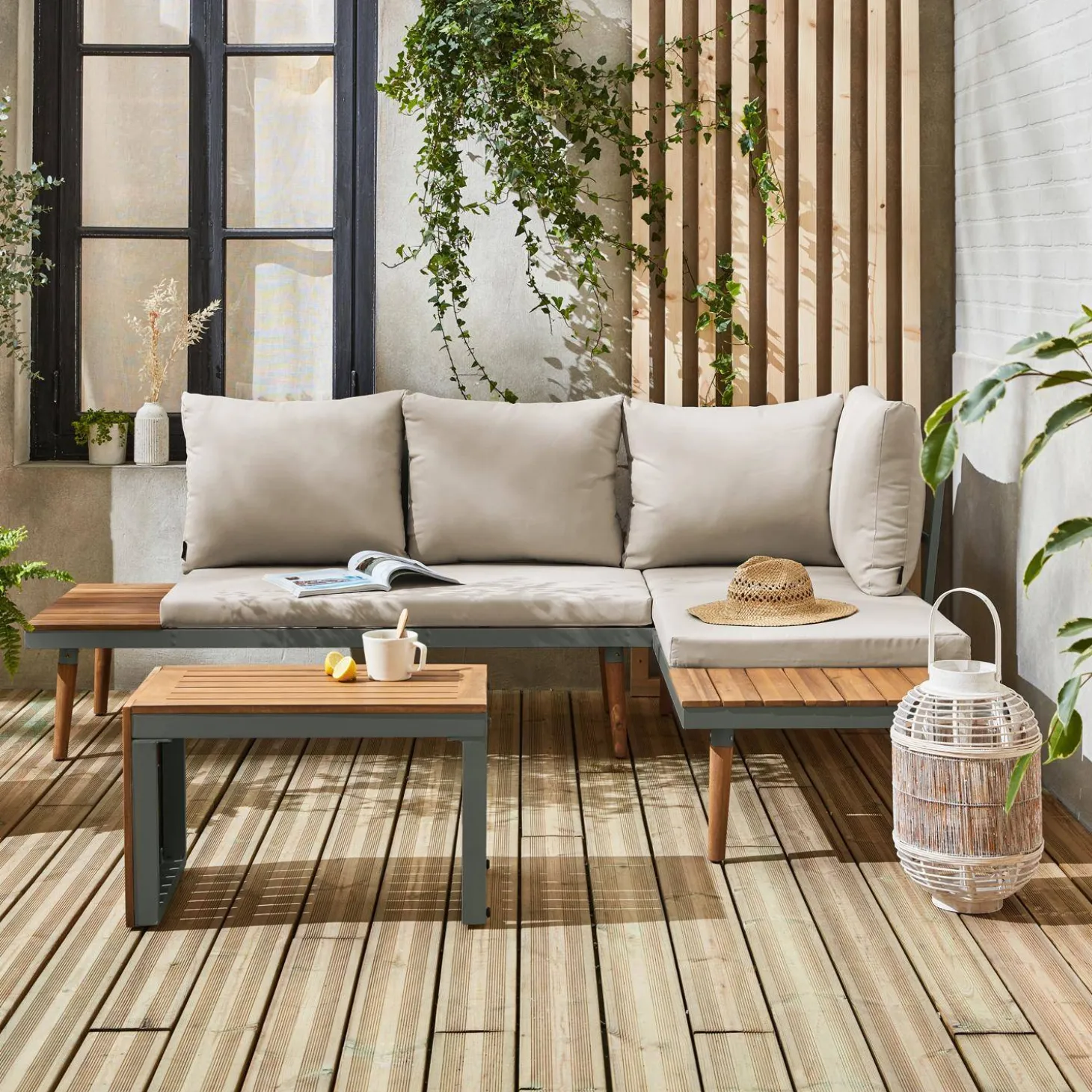 Modulaire tuinset in aluminium en acacia, 4 zitplaatsen