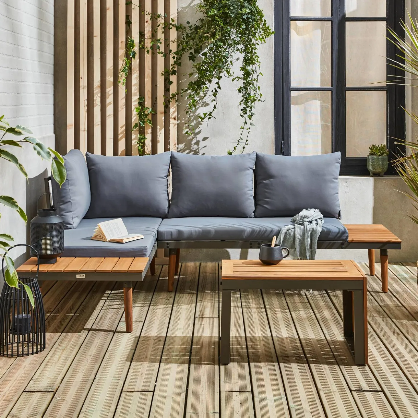 Modulaire tuinset in aluminium en acacia, 4 zitplaatsen