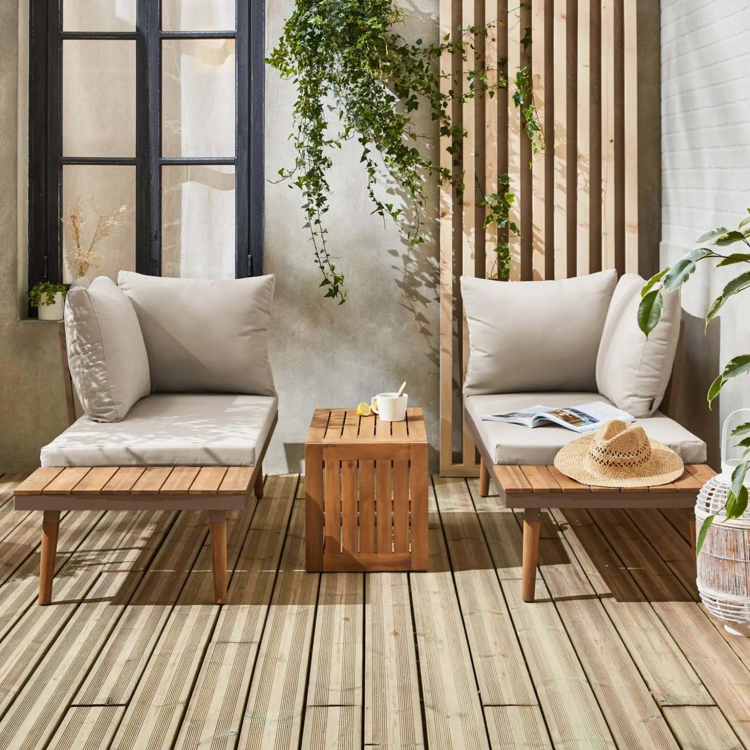 Modulaire tuinset in aluminium en acacia, 4 zitplaatsen