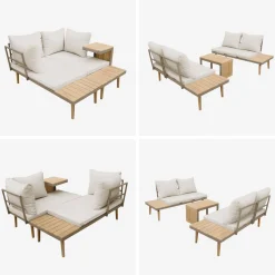 Modulaire tuinset in aluminium en acacia, 4 zitplaatsen