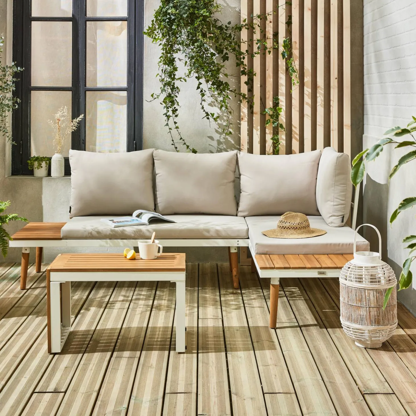 Modulaire tuinset in aluminium en acacia, 4 zitplaatsen
