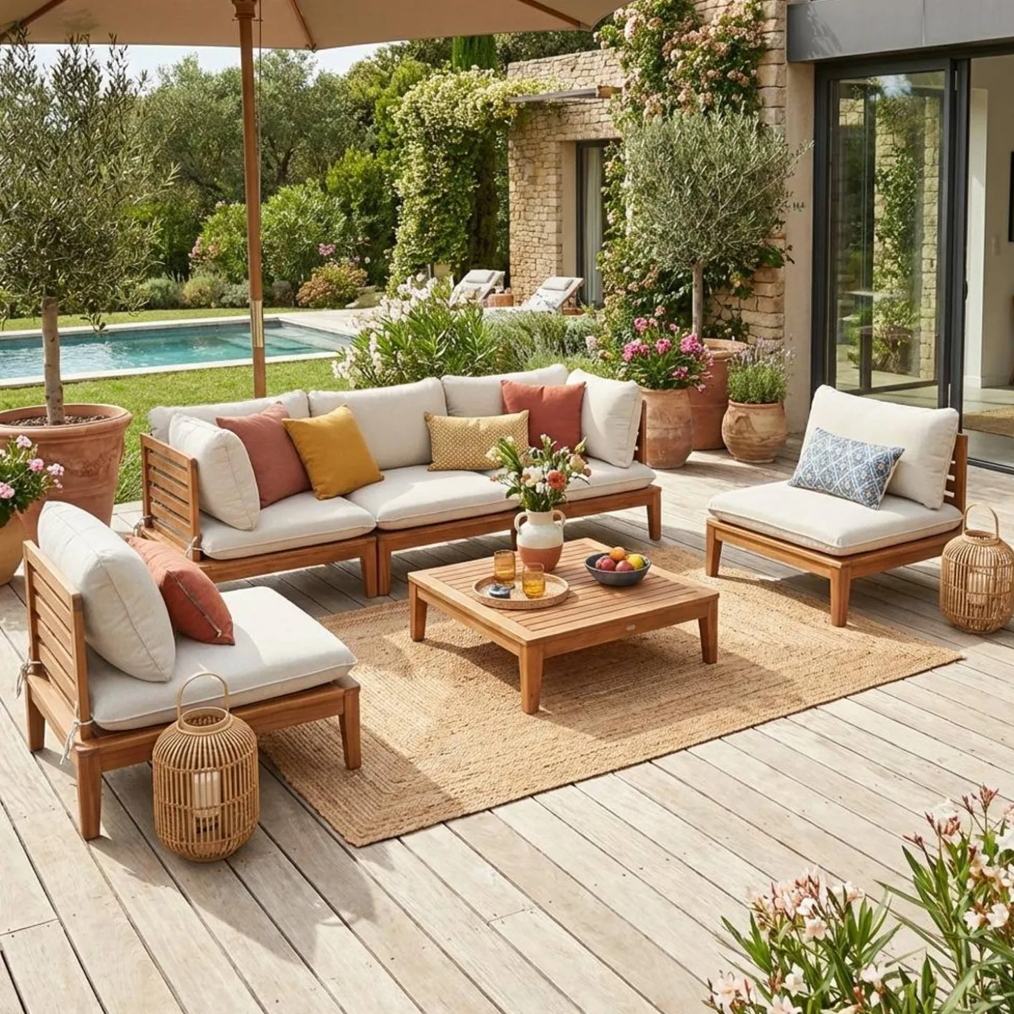 Modulaire 5-zits loungeset van hout met bouclé-effect
