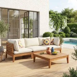 Modulaire 3-zits loungeset van hout met bouclé-effect en armleuningen