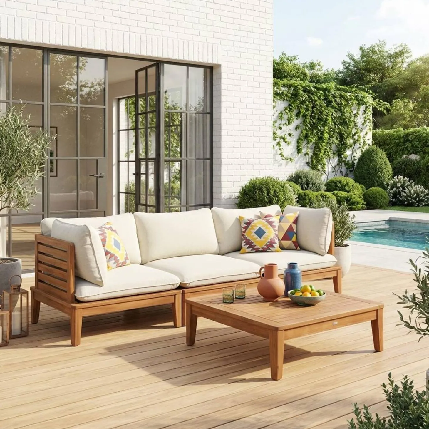 Modulaire 3-zits loungeset van hout met bouclé-effect en armleuningen