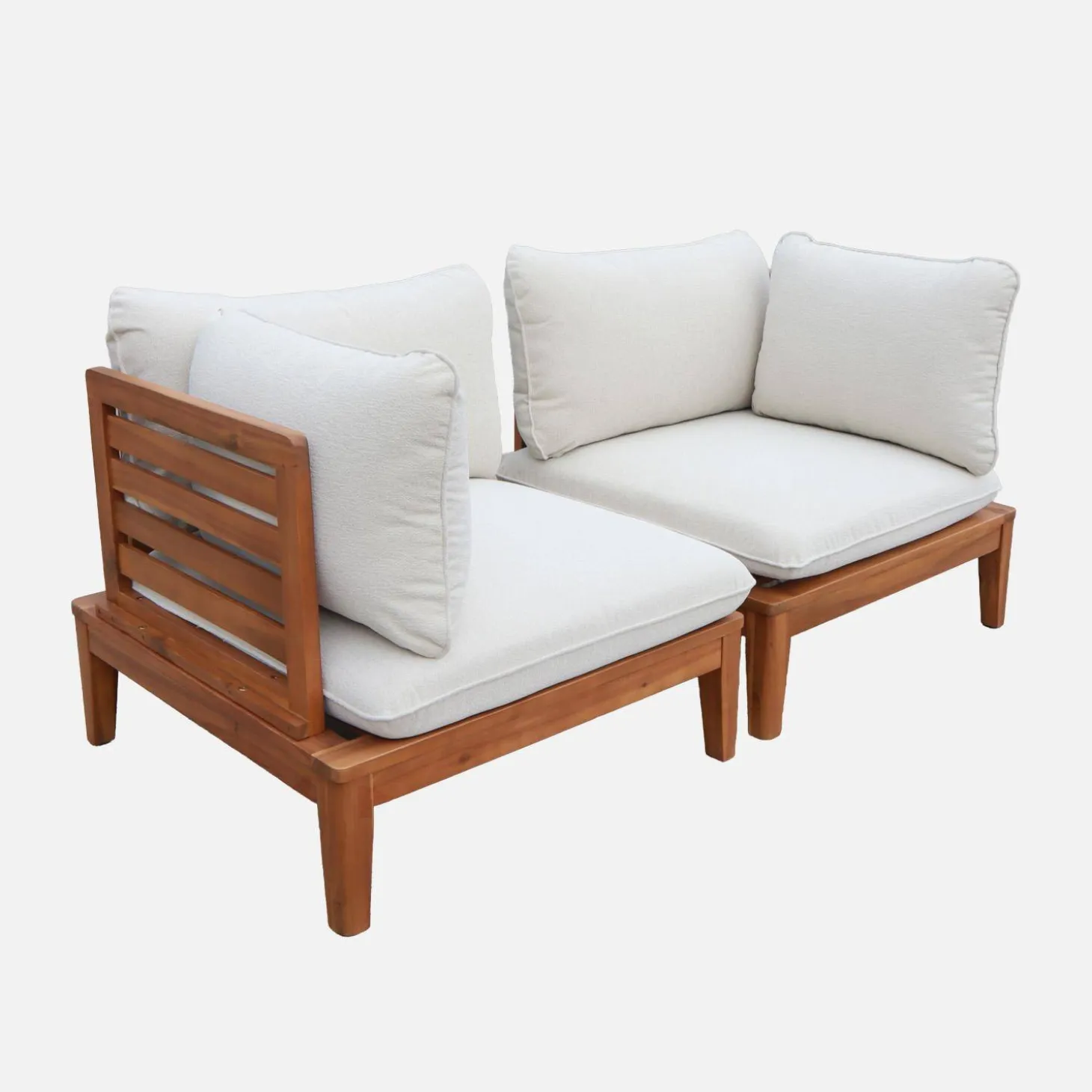 Modulaire 2-zits tuinbank van hout en bouclé-effect met armleuningen