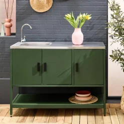 Module buitenkeuken met gootsteen 3 deuren en 1 plank staal L120cm