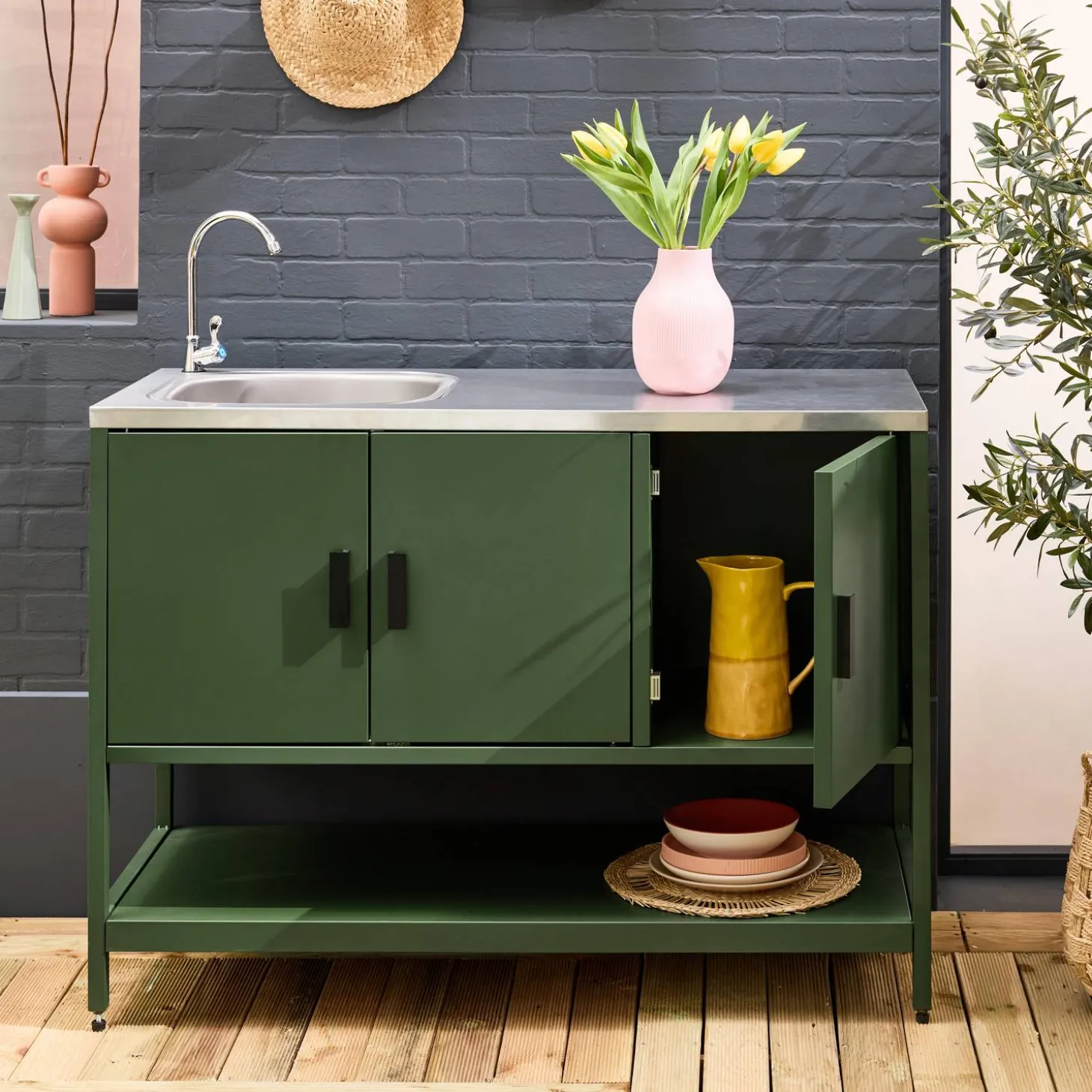 Module buitenkeuken met gootsteen 3 deuren en 1 plank staal L120cm