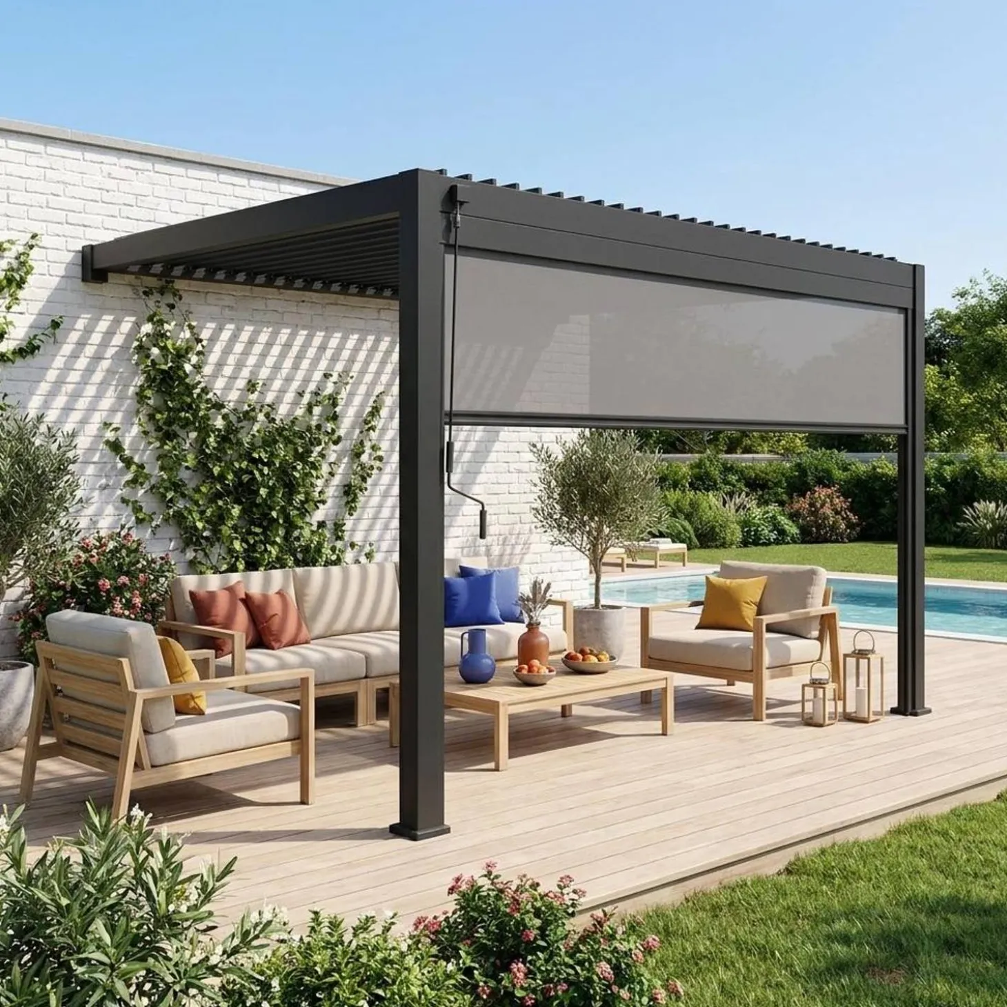 Muurpergola met lamellendak 4x3m met zonnescherm 4m