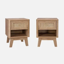 Nachtkastje met houtdecor en rietmotief, lade en vak (set van 2)