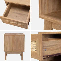 Nachtkastje met houtdecor en rietmotief, lade en vak (set van 2)