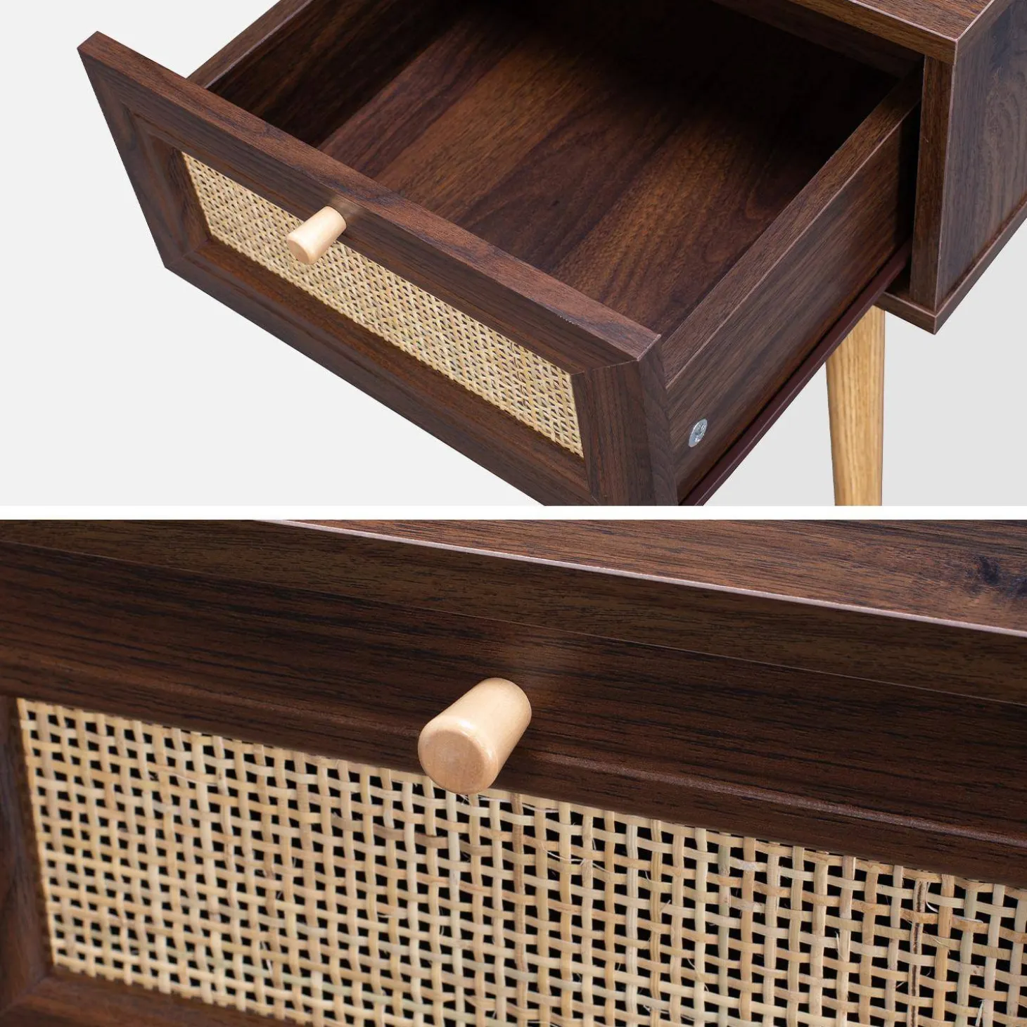 Nachtkastje met hout- en rietmotief, 1 lade