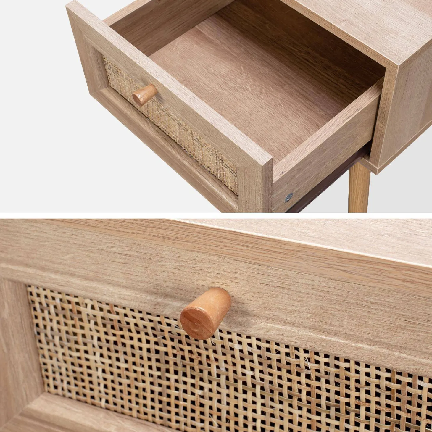 Nachtkastje met hout- en rietmotief, 1 lade