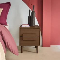 Nachtkastjes houtdecor vintage 2 lades (set van 2)