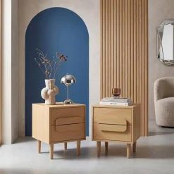 Nachtkastjes houtdecor vintage 2 lades (set van 2)