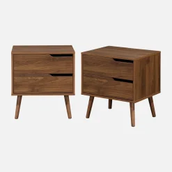 Nachtkastje van walnoot gebeitst hout, 2 laden (set van 2)