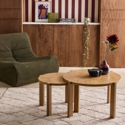 Nesttafels houtdecor met visgraateffect blad rond vintage (set van 2)