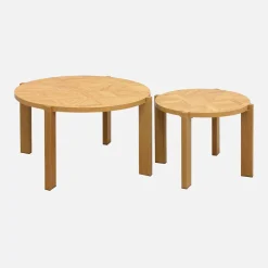 Nesttafels houtdecor met visgraateffect blad rond vintage (set van 2)