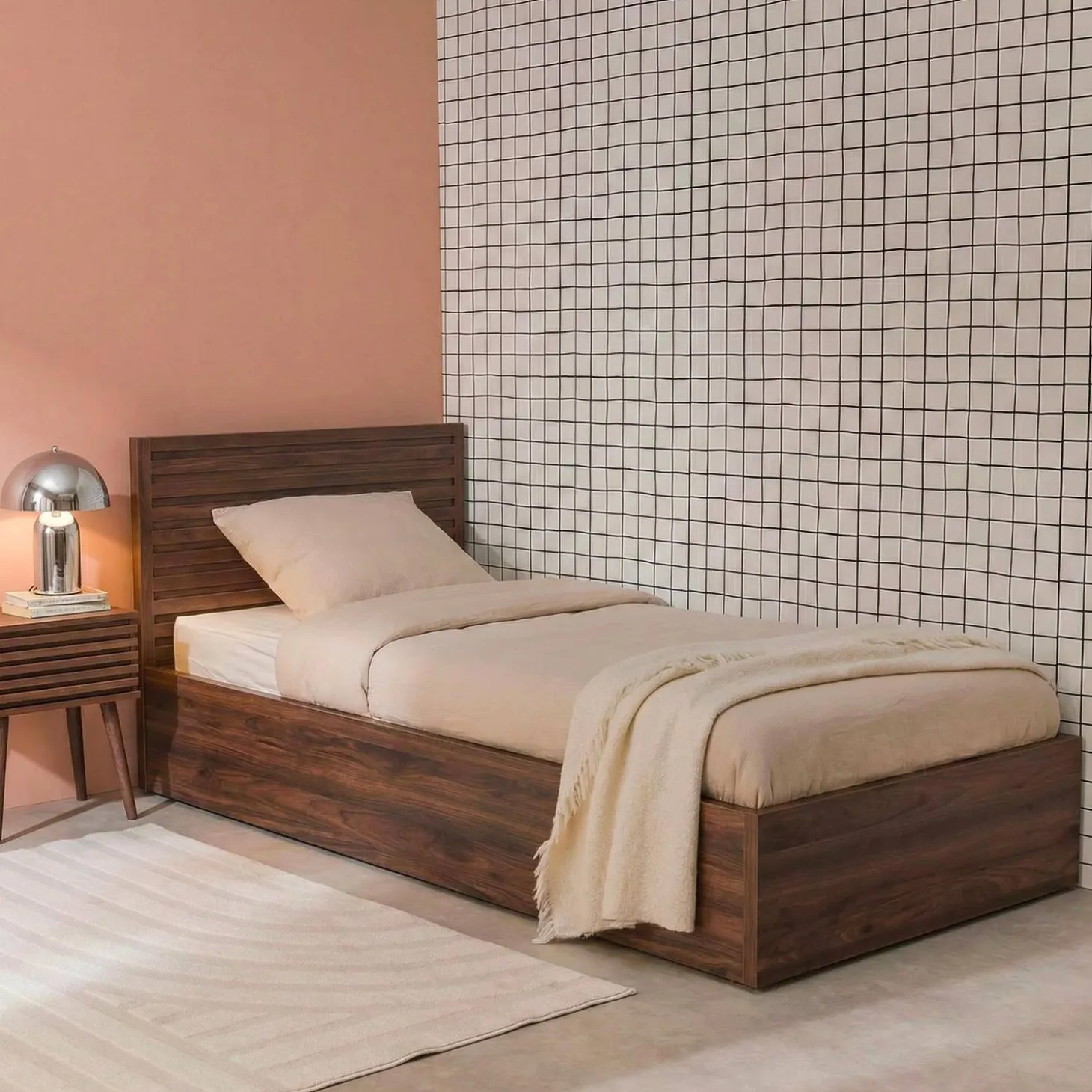 Opbergbed 90x190cm met lattenbodem en hoofdbord houtdecor