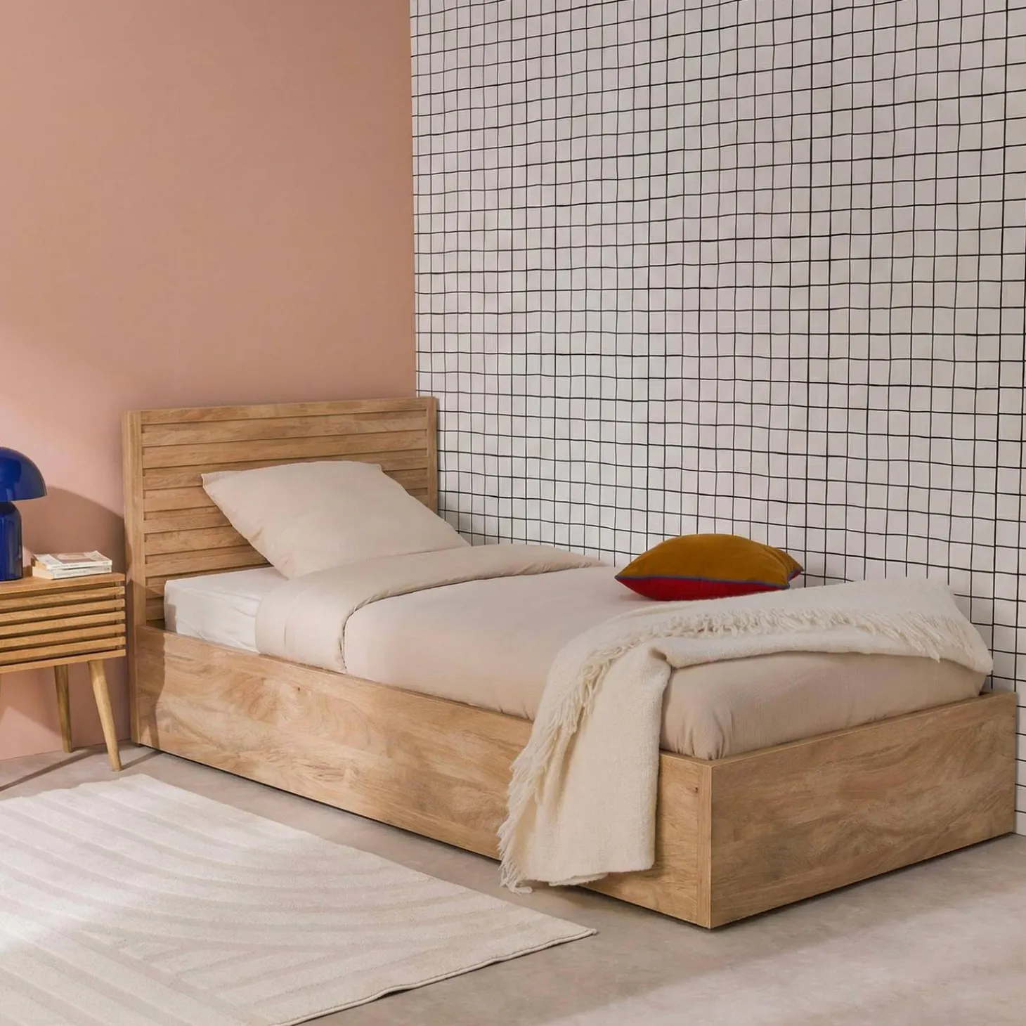 Opbergbed 90x190cm met lattenbodem en hoofdbord houtdecor