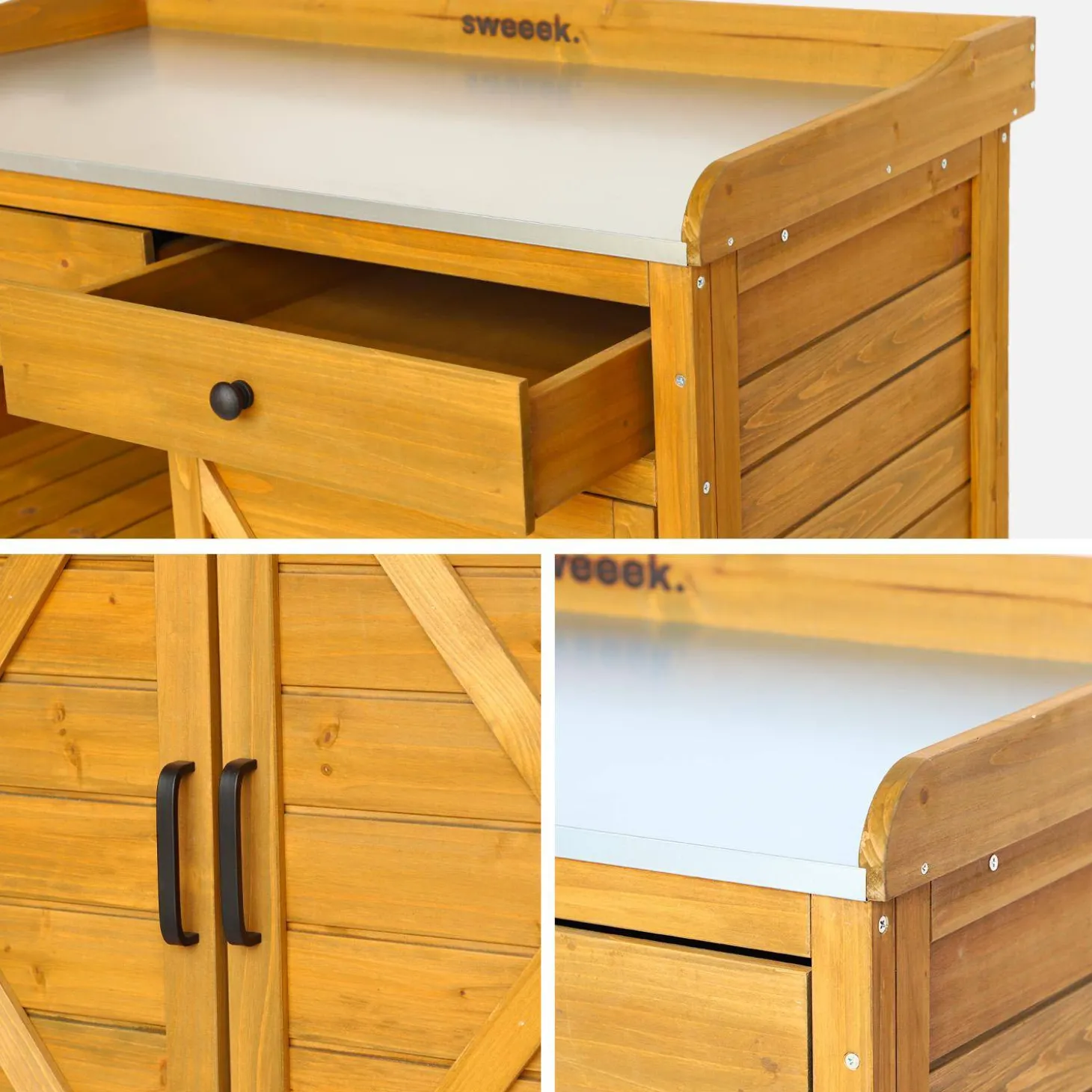 Opbergmeubel, werktafel van dennenhout, 2 deuren, 2 laden