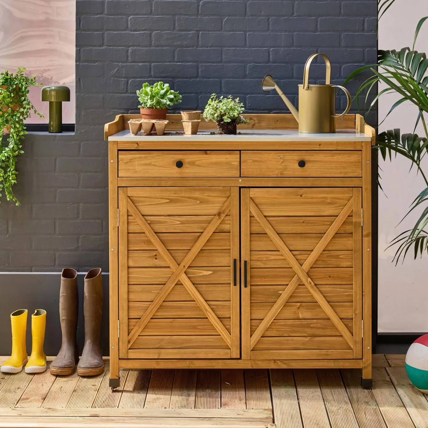 Opbergmeubel, werktafel van dennenhout, 2 deuren, 2 laden