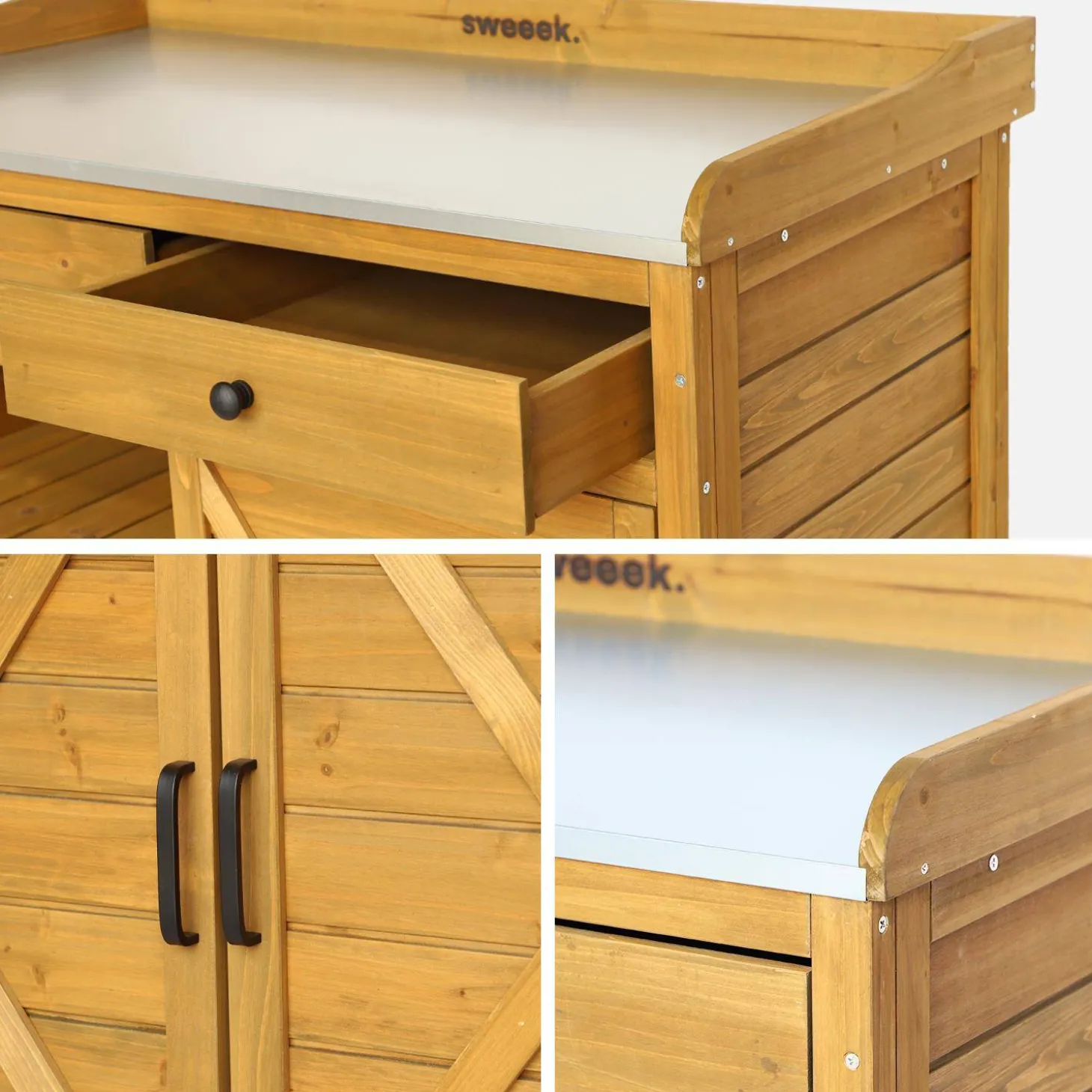Opbergmeubel, werktafel van dennenhout, 2 deuren, 2 laden