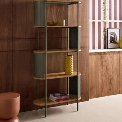 Open kast 5 niveaus gebogen metaal en houtdecor