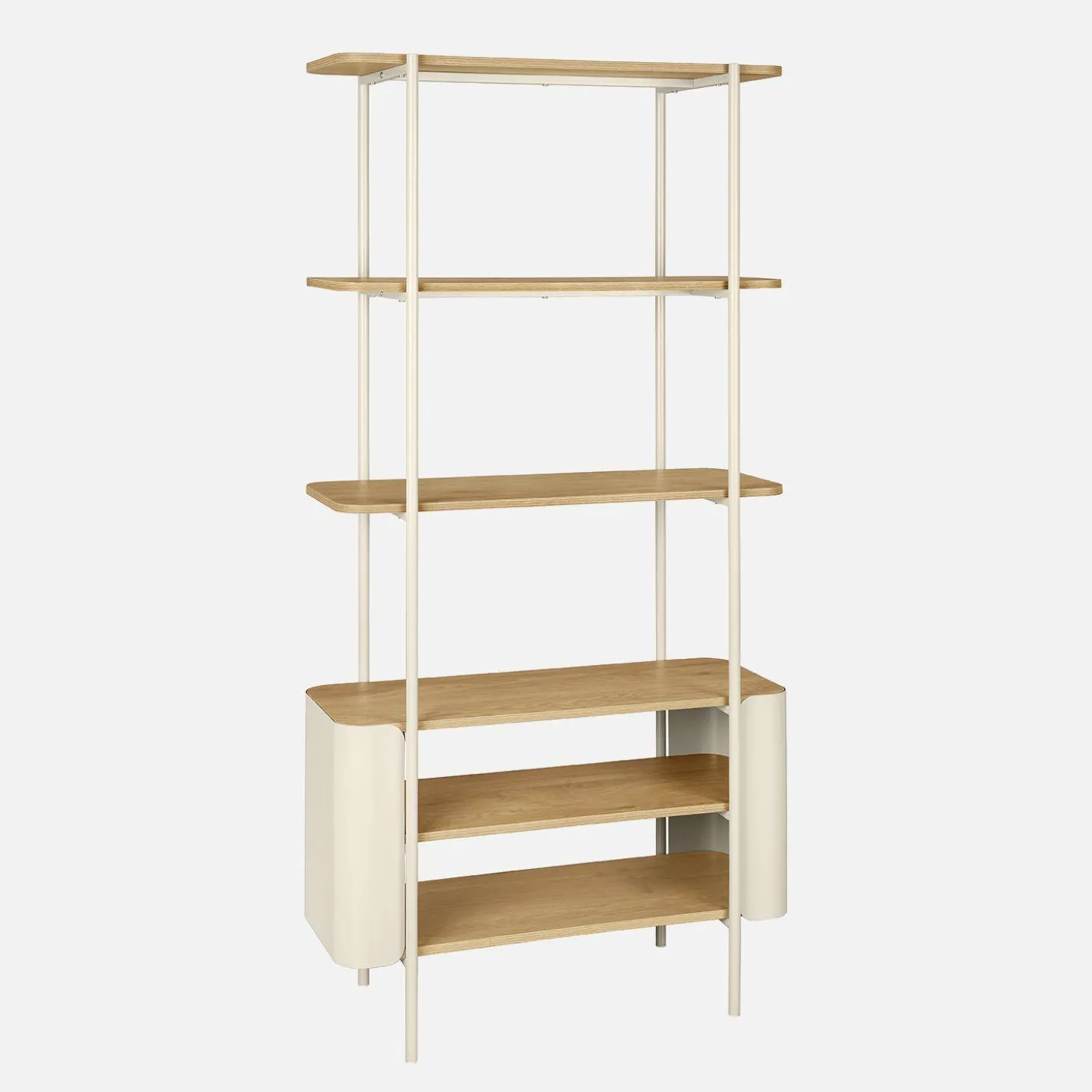 Open kast 6 niveaus gebogen metaal en houtdecor