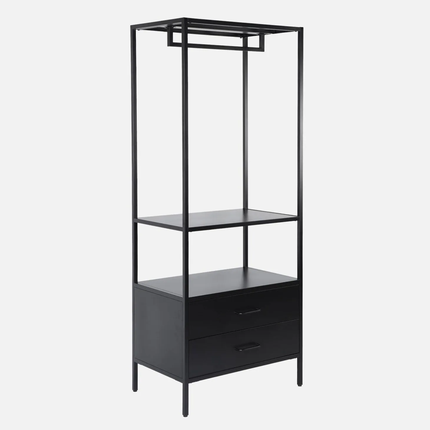 Open metalen kast met hangruimte open vak en 2 lades 70cm