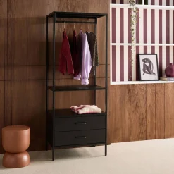 Open metalen kast met hangruimte open vak en 2 lades 70cm