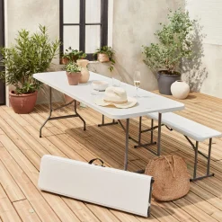 Opklapbare kunststof receptietafel + bank