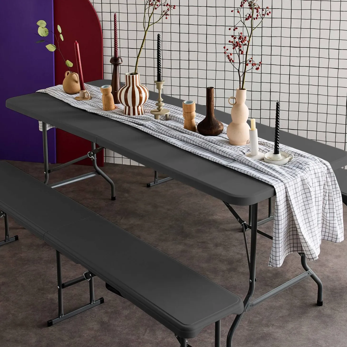 Opklapbare kunststof receptietafel + bank