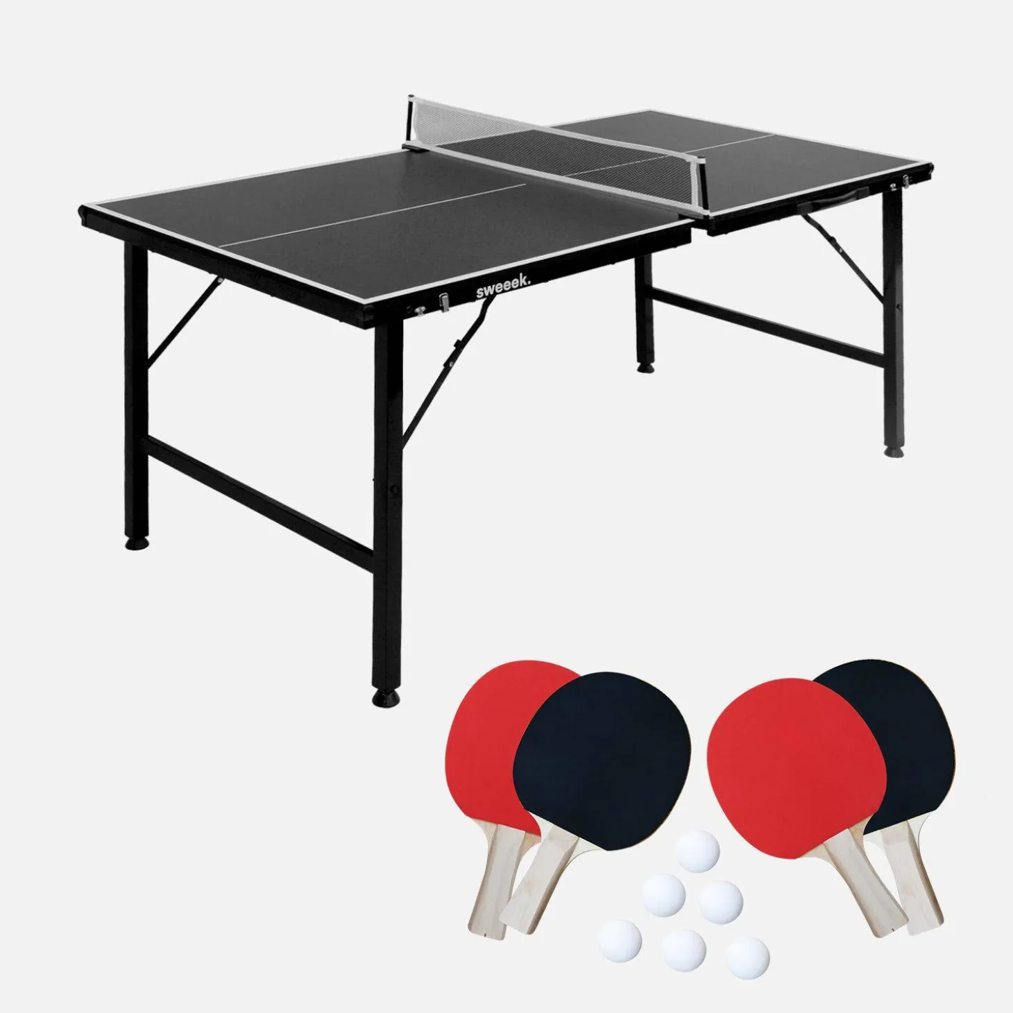 Opklapbare mini-tafeltennistafel voor binnen met 4 batjes en 6 ballen