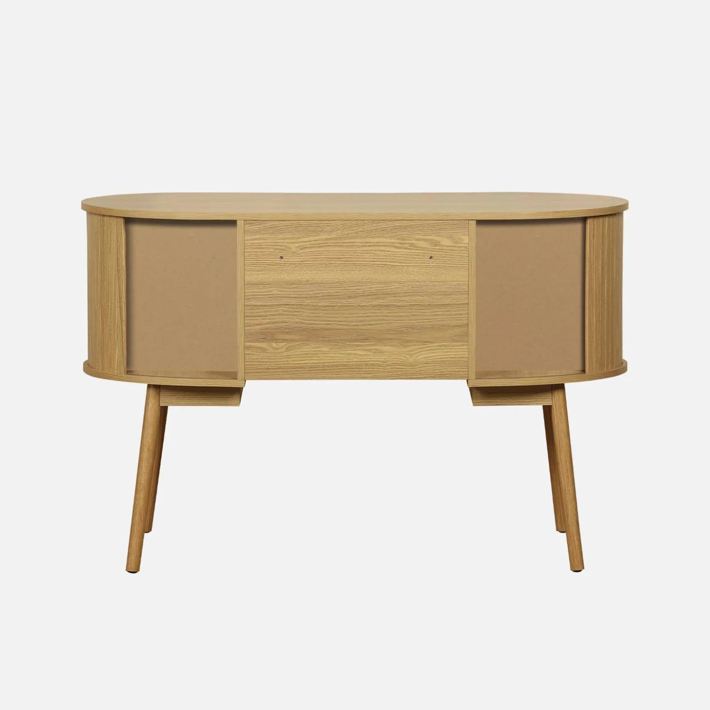 Ovaal bureau met gegroefd houteffect en twee opbergruimtes, L 120cm