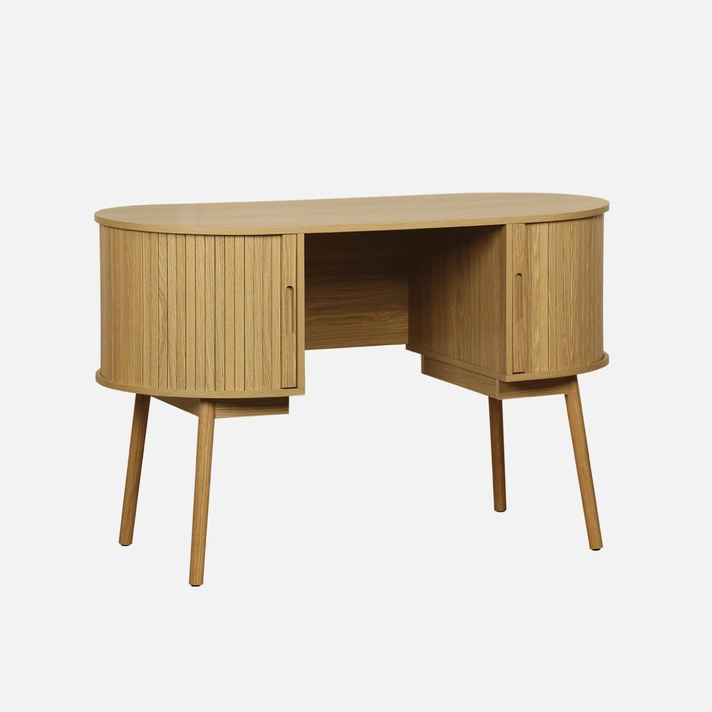 Ovaal bureau met gegroefd houteffect en twee opbergruimtes, L 120cm