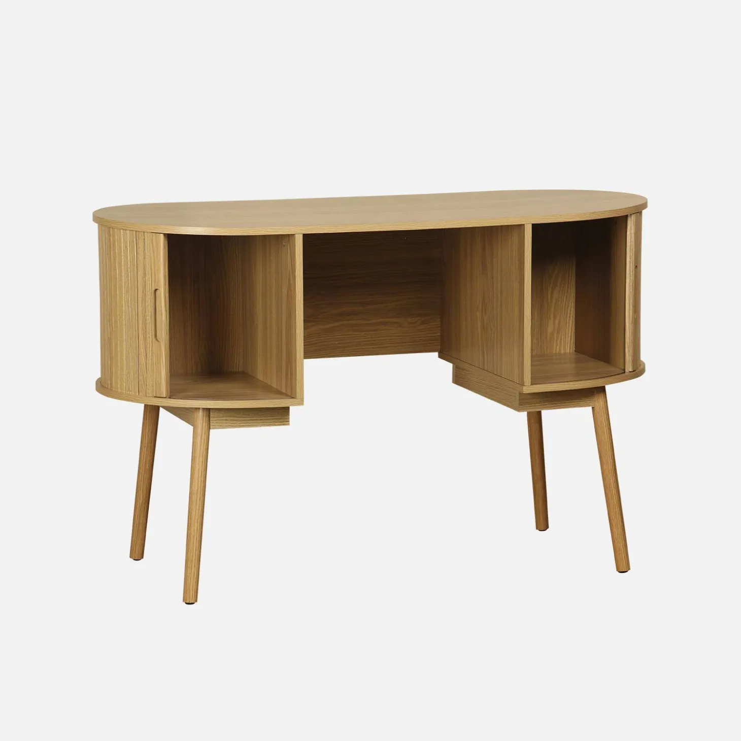 Ovaal bureau met gegroefd houteffect en twee opbergruimtes, L 120cm